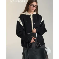 SomeSowe Leather Patchwork Woolen Jacket Black