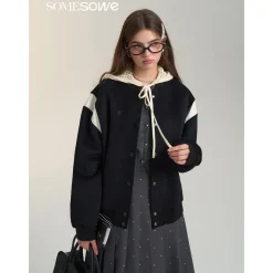 SomeSowe Leather Patchwork Woolen Jacket Black
