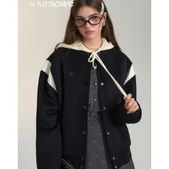 SomeSowe Leather Patchwork Woolen Jacket Black