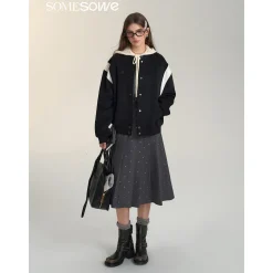 SomeSowe Leather Patchwork Woolen Jacket Black