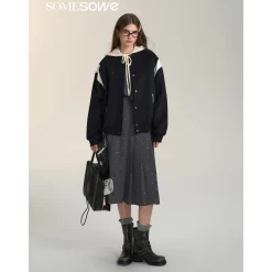 SomeSowe Leather Patchwork Woolen Jacket Black