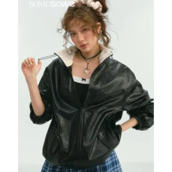 SomeSowe Oil Wax Leather Casual Jacket Black
