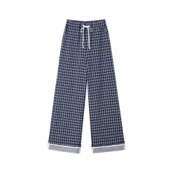 SomeSowe Plaid Drawstring Wide-Leg Pants Blue