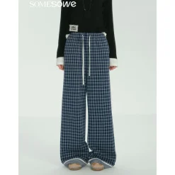 SomeSowe Plaid Drawstring Wide-Leg Pants Blue