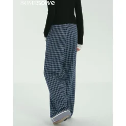 SomeSowe Plaid Drawstring Wide-Leg Pants Blue