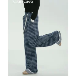 SomeSowe Plaid Drawstring Wide-Leg Pants Blue