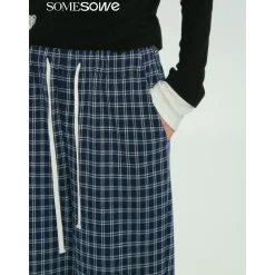 SomeSowe Plaid Drawstring Wide-Leg Pants Blue