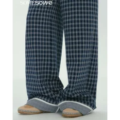 SomeSowe Plaid Drawstring Wide-Leg Pants Blue