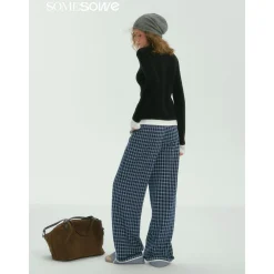 SomeSowe Plaid Drawstring Wide-Leg Pants Blue
