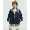 SomeSowe Plaid Patchwork Stand Collar Jacket Navy Blue