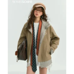 SomeSowe Plaid Patchwork Stand Collar Jacket Khaki