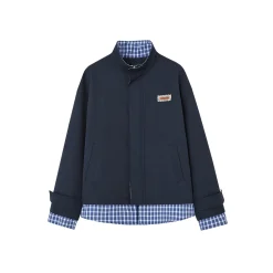 SomeSowe Plaid Patchwork Stand Collar Jacket Navy Blue