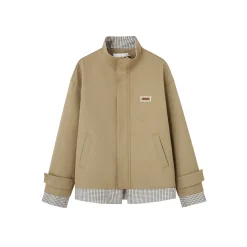 SomeSowe Plaid Patchwork Stand Collar Jacket Khaki