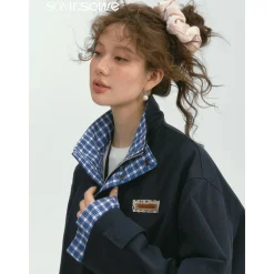 SomeSowe Plaid Patchwork Stand Collar Jacket Navy Blue