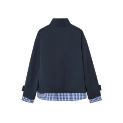 SomeSowe Plaid Patchwork Stand Collar Jacket Navy Blue
