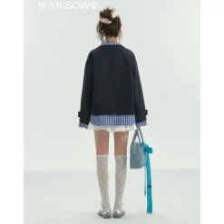 SomeSowe Plaid Patchwork Stand Collar Jacket Navy Blue