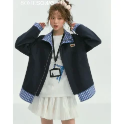SomeSowe Plaid Patchwork Stand Collar Jacket Navy Blue