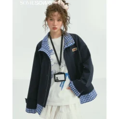 SomeSowe Plaid Patchwork Stand Collar Jacket Navy Blue