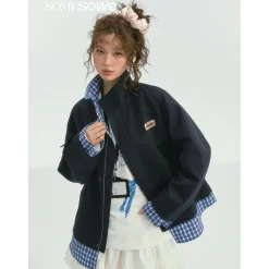 SomeSowe Plaid Patchwork Stand Collar Jacket Navy Blue