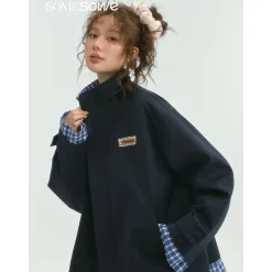 SomeSowe Plaid Patchwork Stand Collar Jacket Navy Blue