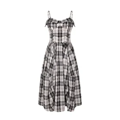 SomeSowe Pleated Checked Long Slip Dress