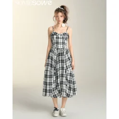 SomeSowe Pleated Checked Long Slip Dress