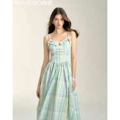 SomeSowe Pleated Checked Long Slip Dress Green