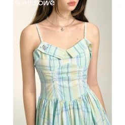 SomeSowe Pleated Checked Long Slip Dress Green