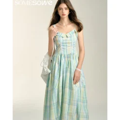 SomeSowe Pleated Checked Long Slip Dress Green