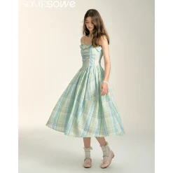 SomeSowe Pleated Checked Long Slip Dress Green