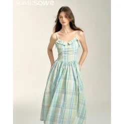 SomeSowe Pleated Checked Long Slip Dress Green