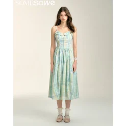 SomeSowe Pleated Checked Long Slip Dress Green