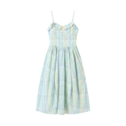 SomeSowe Pleated Checked Long Slip Dress Green