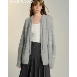SomeSowe Silhouette Lace Up Furry Cardigan Gray