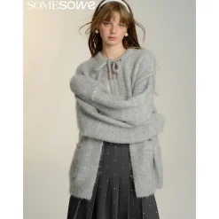 SomeSowe Silhouette Lace Up Furry Cardigan Gray