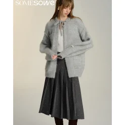SomeSowe Silhouette Lace Up Furry Cardigan Gray
