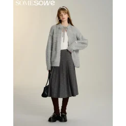 SomeSowe Silhouette Lace Up Furry Cardigan Gray