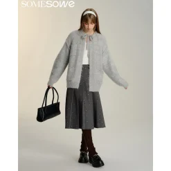 SomeSowe Silhouette Lace Up Furry Cardigan Gray