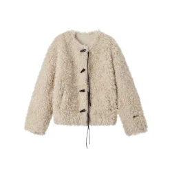 SomeSowe Tassel Horn Button Furry Jacket Beige