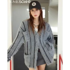 SomeSowe Vintage Faux Mink Knit Cardigan Grey