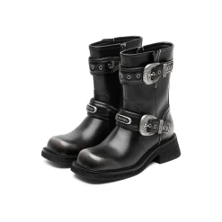 SugarSu Double Metal Buckle Leather Boots Black