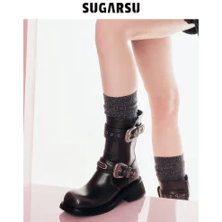 SugarSu Double Metal Buckle Leather Boots Black