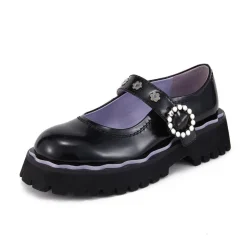 SugarSu Flower Button Mary Jane Flats Black