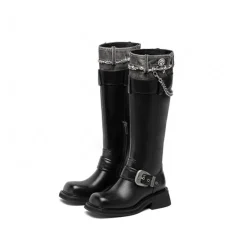 SugarSu Metal Buckle Denim Top Leather Boots Black