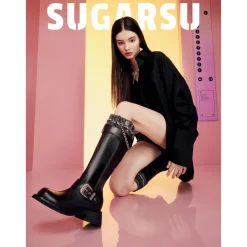 SugarSu Metal Buckle Denim Top Leather Boots Black