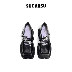 SugarSu Pearl Chain Bow Knot Mary Jane Black