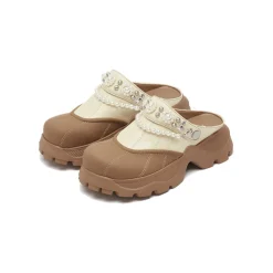 SugarSu Pearl Chain Decorated Tip-Tilt Clog Mules Khaki