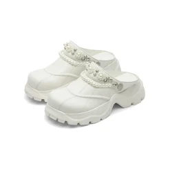 SugarSu Pearl Chain Decorated Tip-Tilt Clog Mules White