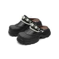 SugarSu Pearl Chain Decorated Tip-Tilt Clog Mules Black