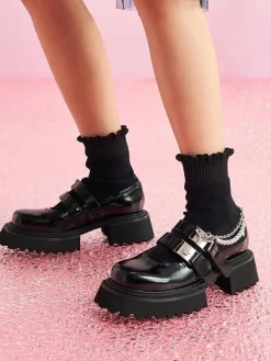 SugarSu Pearl Chain Double Buckle Stocking Boots Black